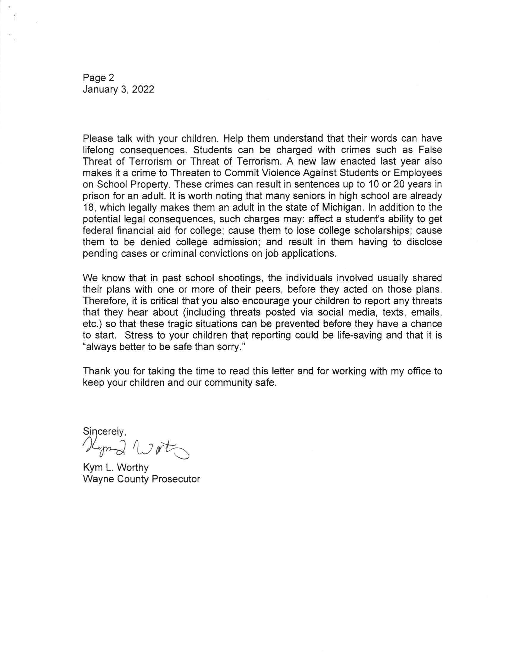 Letter from Wayne County Prosecutor Page 2